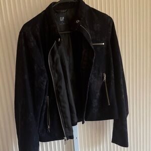 Gap Wool Moto Jacket Medium Zip Up Black Floral Feminine Snap Neck Classic GUC